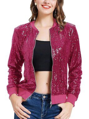 〽️Women’s Hot Pink Sequin Party Blazer Jacket Zip Up Long Sleeve Pockets Sparkle